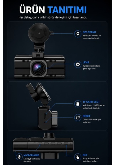 4k Araç Kamerası 3 Kameralı Ön-arka - İç Wifi Gps Park Modu Gece Görüşlü Araç İçi Kamera F6 Dash Cam