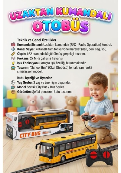 Uzaktan Kumandalı 4 Fonksiyonlu Işıklı 27mhz 1:32 Ölçülü Detaylı Servis Tasarımlı Oyuncak Otobüs Sarı