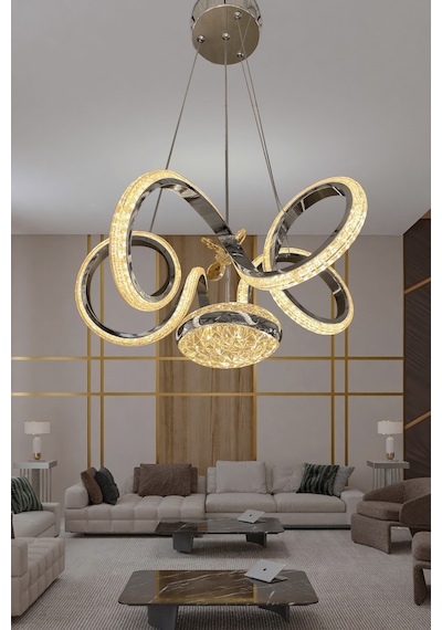Kıvrım Eliza Tek Toplu Simli Slikonlu Modern Oturma Led Avizesi - Kumandalı / Krom Krom