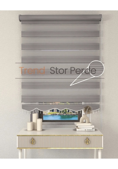 Geniş Plise Gri Boncuklu Zebra Stor Güneşlik Perde Opak Gri