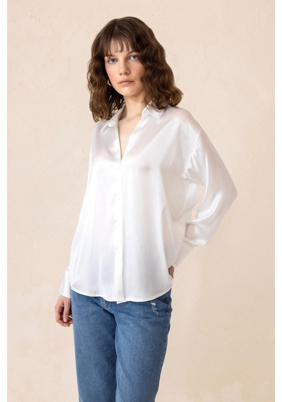 Olcay Oversize Saten Gömlek Beyaz 9308
