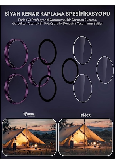 İphone 14 Pro / 14 Pro Max İle Uyumlu Kamera Lens Koruyucu Alüminyum Alaşım Çerçeveli Telefon Lensi Temperli Cam Koruma Mor