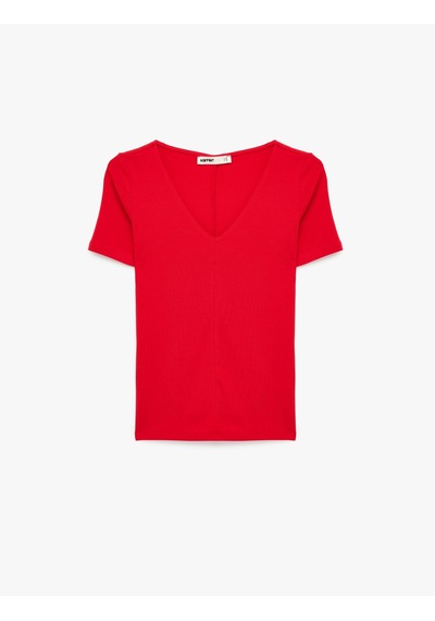 Koton Pamuklu Slim Fit Kısa Kollu V Yaka Tişört Kırmızı 6sak50425ek