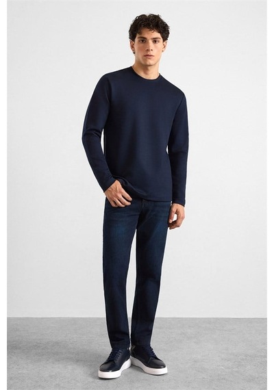 Süvari Lacivert Regular Düz Baskısız İnterlok Bisiklet Yaka Cepsiz Düz Sweatshirt Ssw2013700035-m09