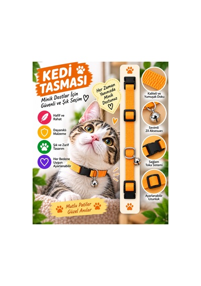 Kedi Tasması Turuncu Düz Renk Zilli Ayarlanabilir Klipsli Kumaş Kedi Boyun Tasması
