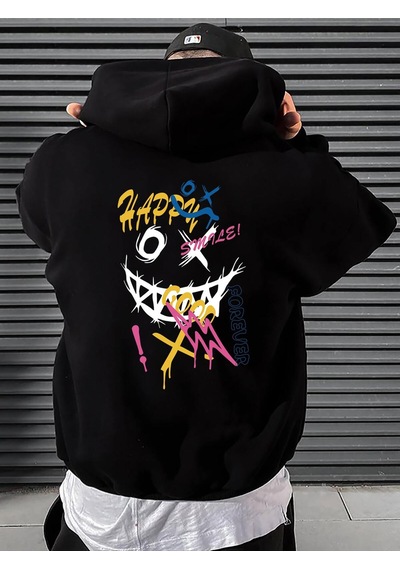 Startmore Startmoremutlu Kelime Komik Kişilik Renkli Desen Hoody Erkekler Cep Çizgi Roman Kazak Sonbahar Yumuşak Siyah