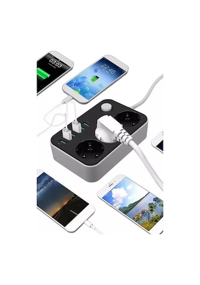 Portatif Tasarım Akım Korumalı 2 Metre 3 Lü Priz 6 Usb Port Çoklu Şarj Aleti