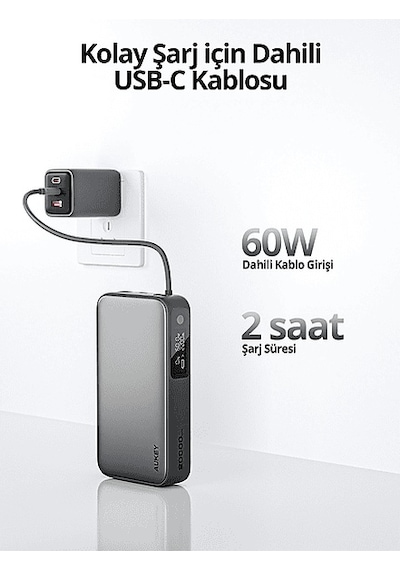 Aukey Pb-y48-gy 100w 20000 Mah Pd Dahili Type-c Kablolu Taşınabilir Şarj Cihazı Gri