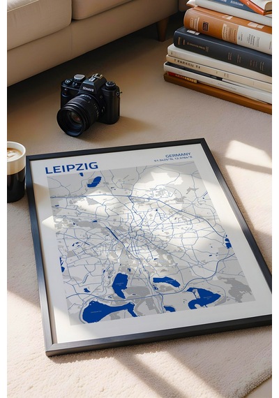 Leipzig Almanya Germany Haritası Çerçeveli Tablo Lüks Salon Ofis Duvar Dekorasyonu Hediyelik Tablo