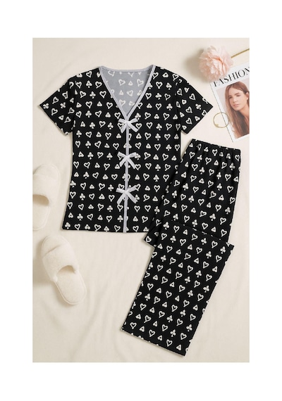 Fantezia Night Kadın Siyah Beyaz Kalp Desenli Fiyonklu Kısa Kollu Pijama Takımı