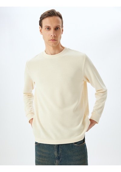 Koton Pamuk Karışımlı Dokulu Basic Bisiklet Yaka Sweatshirt Ekru 5wam70247mk Ekru