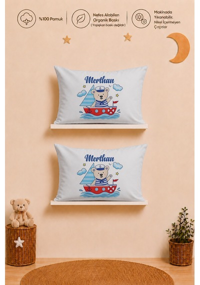 İsme Özel Erkek Bebek Hediyesi 2 Adet 35x45 %100 Pamuk Yastık Kılıfı Ve Ham Bez Bebek Kıyafet Kesesi 1087y2kyx