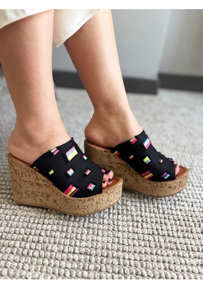 Asmi Shoes Kadın Limo Siyah Kot Dolgulu Mantar Taban Terlik 10 Cm Siyah