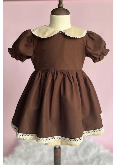 Dantel Detaylı Bebe Yaka Kahve Camel Vintage Kız Çocuk Bebek Bayram Elbise 001