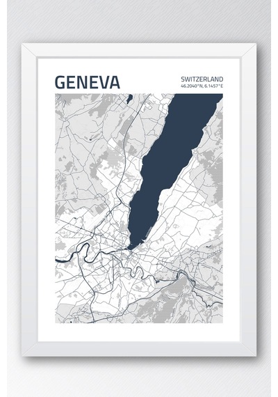 Cenevre İsviçre Switzerland Haritası Çerçeveli Tablo Lüks Salon Ofis Duvar Dekorasyonu Tablo Beyaz