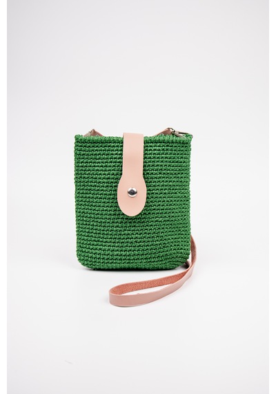 Fabric Craft Bag Çapraz Askılı Kadın Omuz Çantası Floş İplik Örgü Küçük Çanta Yeşil - Pembe