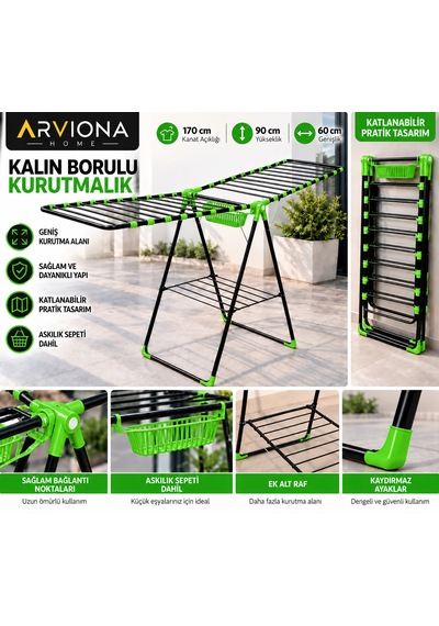 Arvıona Home 170 Cm Kalın Borulu Katlanabilir Metal Çamaşır Kurutmalığı 8 Borulu Yeşil