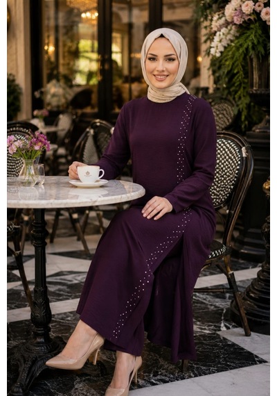 Hb Harma Time Butik Kadın İnci İşlemeli Bordo Tunik-pantolon İkili Takım