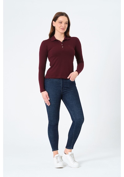 Msw Kadın Uzun Kollu Regular Fit Polo Yaka T-shirt Koyu Bordo