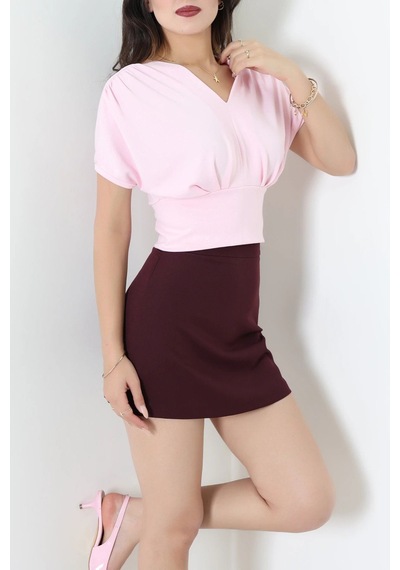 Modi Yarasa Kol Belden Oturtmalı Bluz Pembe - 72001.2221. Acık Pembe