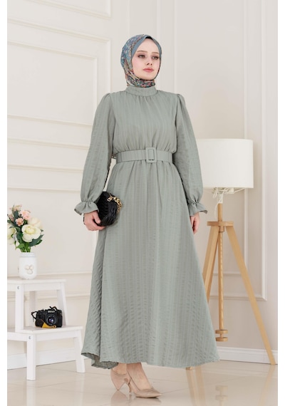 Sevitli Kolu Volanlı Kemerli Henna Elbise-mint Yeşili-5055 Mint Yeşili