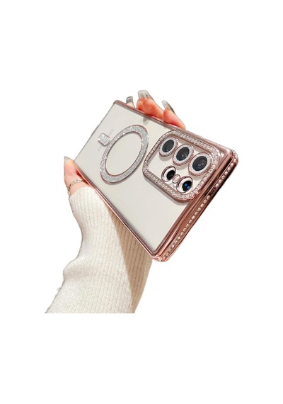 Samsung Galaxy S25 İçin Magsafe İle Uyumlu Kılıf Simli Kamera Kenar Taşlı Kapak Rose Gold