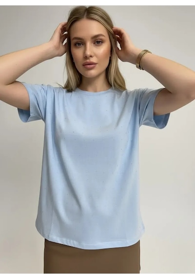 Park Karon 26047 Pamuk Kadın Bisiklet Yaka Taş İşleme Oversize Penye Bluz Bebe Mavi