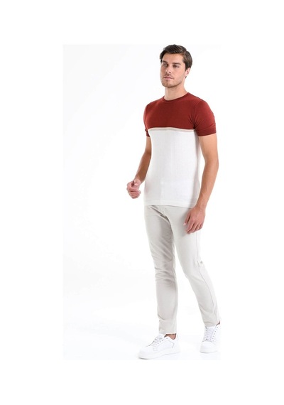 Hatemoğlu Kiremit Slim Fit Desenli Bisiklet Yaka Tişört-Kiremit