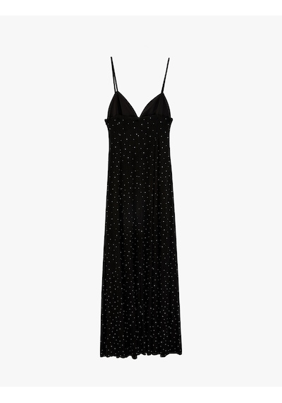 Koton Slim Fit V Yakince Askılı Uzun Taşlı Slip Elbise Siyah 6sak80020fk Siyah