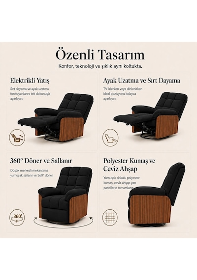 Smarto Relax Porto Tv Koltuğu Ahşap Yan Panelli Döner Ve Elektrikli Döner Sallanan Kontrollü Nefes Alabilir Kumaş Baba Koltuğu Siyah