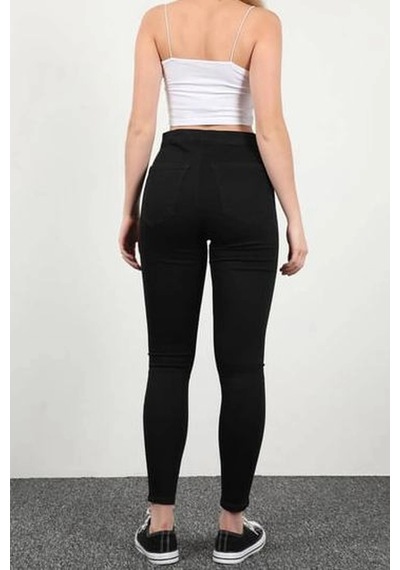 Yırtık Siyah Yüksek Bel Skinny Fit Jean Likralı Cepsiz Tayt Pantolon