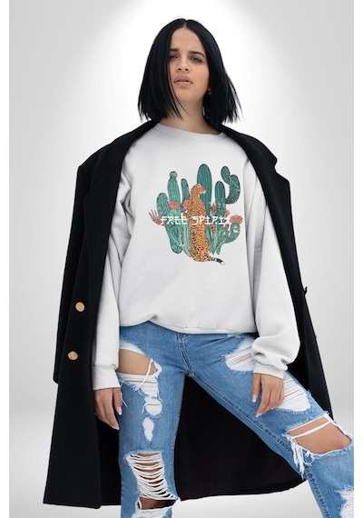 Kaktüs Çita Unisex Beyaz Baskılı Sweatshirt Beyaz