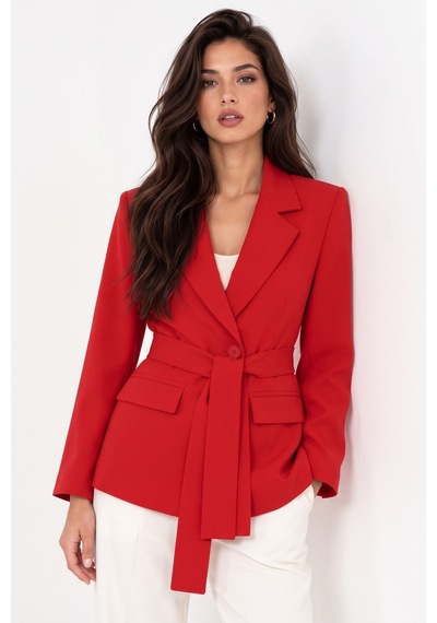 Saade Kırmızı Kadın Tek Düğmeli Dokuma Kruvaze Blazer Ceket - Kuşaklı