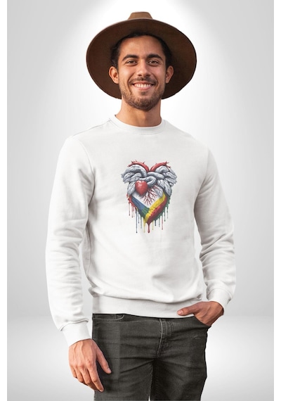 Kalp Damar Renkli Boyalı Unisex Beyaz Baskılı Sweatshirt Beyaz