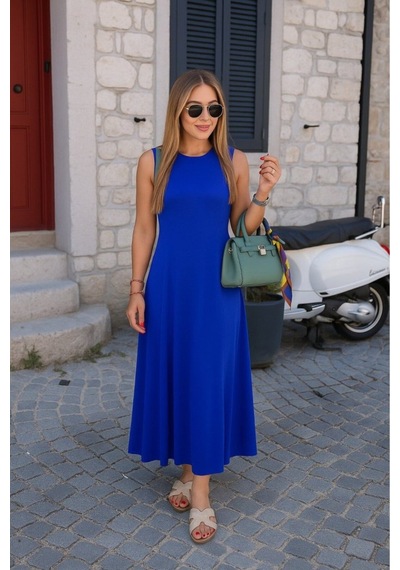 Butik İstanbul Kadın Sıfır Kollu Bisiklet Yaka Viskon Elbise Saks Mavi
