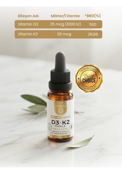 Erbatab D3 K2 İkisi Bir Arada Damla Vitamin 20 ML