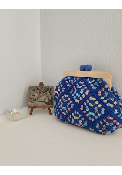 Fikriharika Design Retro, Motifli, Ahşap Burslu, Kadın El Çantası Saks Mavi