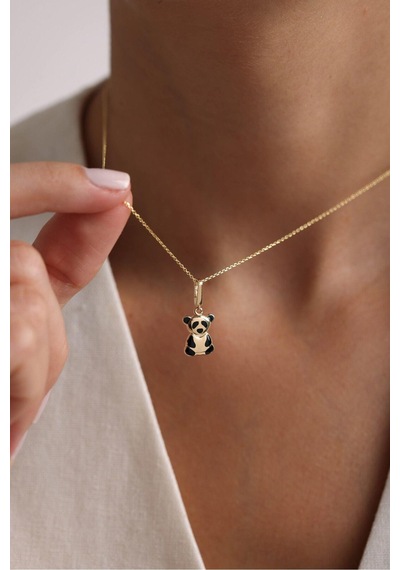 Siyah Mineli Panda Kilitli Charm Kolye Ucu