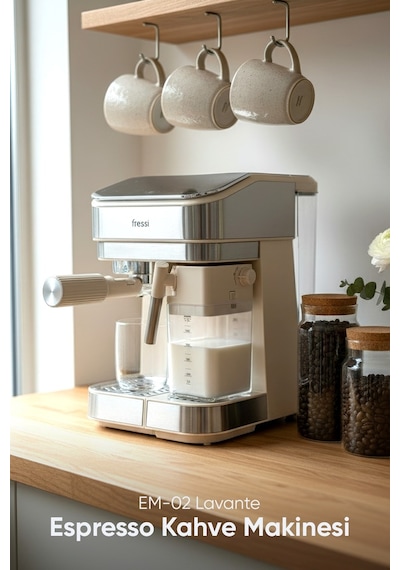 Fressi Espresso Latte Cappuccino Kahve Makinesi Otomatik Süt Tanklı 20bar Basınçlı Lavante Krem 4506