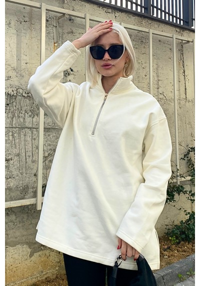 Ekru Fermuar Yaka Yırtmaçlı Sweatshirt Mg1903