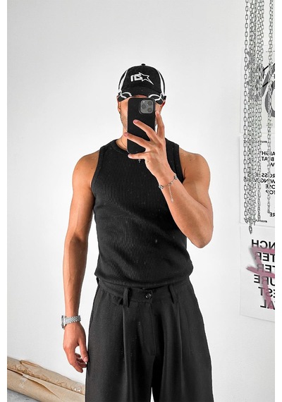 Siyah Cozy Basic Tank Top Likralı Premium Fitilli Atlet Siyah