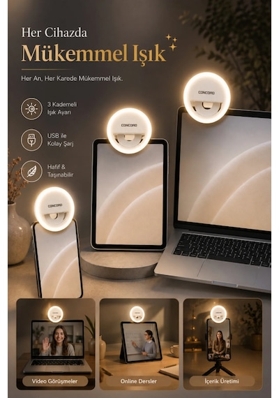 Type-c Şarjlı 3 Kademeli Taşınabilir Led Selfie & Kamera Işığı Beyaz