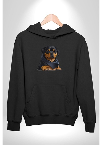 Puppy Köpek Rottweiler Kadın Erkek Siyah Kapüşonlu Sweatshirt Hoodie Siyah
