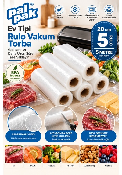 Ev Tipi Vakum Rulo En:20 Cm Boy:5 Metre 5 Adet Beyaz