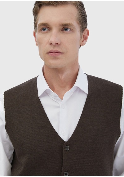 Ramsey Kahverengi Regular Fit V Yaka Casual Örme Triko Yelek
