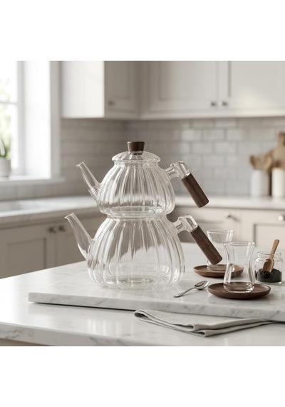 Akasya Cam Çaydanlık Takımı 1500 Ml + 600 Ml - Ahşap Kulplu, Çizgili Tasarım Isıya Dayanıklı Borosilikat Şeffaf Çaydanlık çok renkli