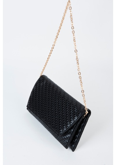 Vivaq Kadın Siyah Zarf Hasır Örgü Tasarım 2 Bölmeli Mini Zincir Askılı Çıt Çıt Kapama Clutch Ve El Çantası