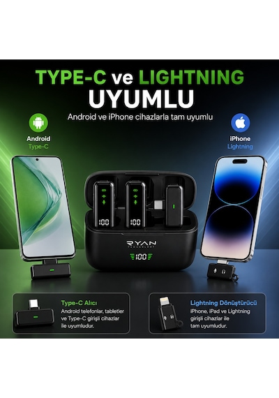 Kablosuz Yaka Mikrofonu 2'li Type-c & Lightning Uyumlu Şarj Kutulu Gürültü Azaltmalı İphone & Android Airmic Pro Ry-wm02