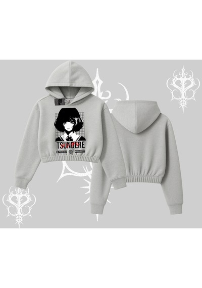 Startmore Kapşonlu Crop Sweatshirt Tsundere Anime Japanese Style Baskılı Gri