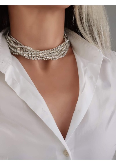 Gümüş Kaplama Taşlı Çoklu Görünümlü Choker Tasma Kolye Silver